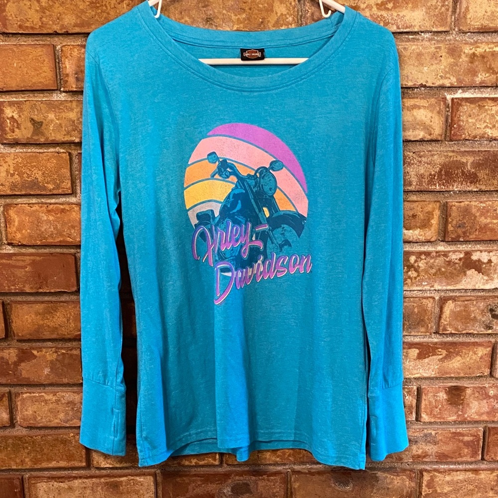 Harley-Davidson Aqua Blue Long Sleeve with Vibrant Graphic